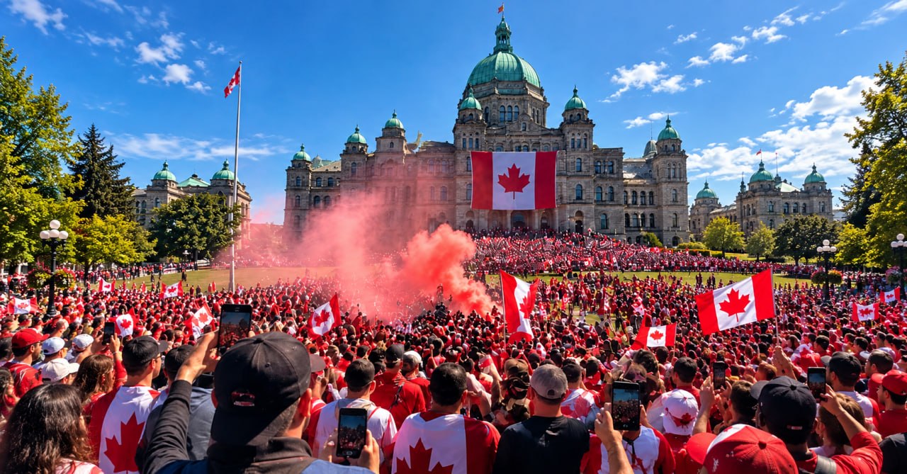 Illustrative crowd scene with Canadian flags outside a domed building